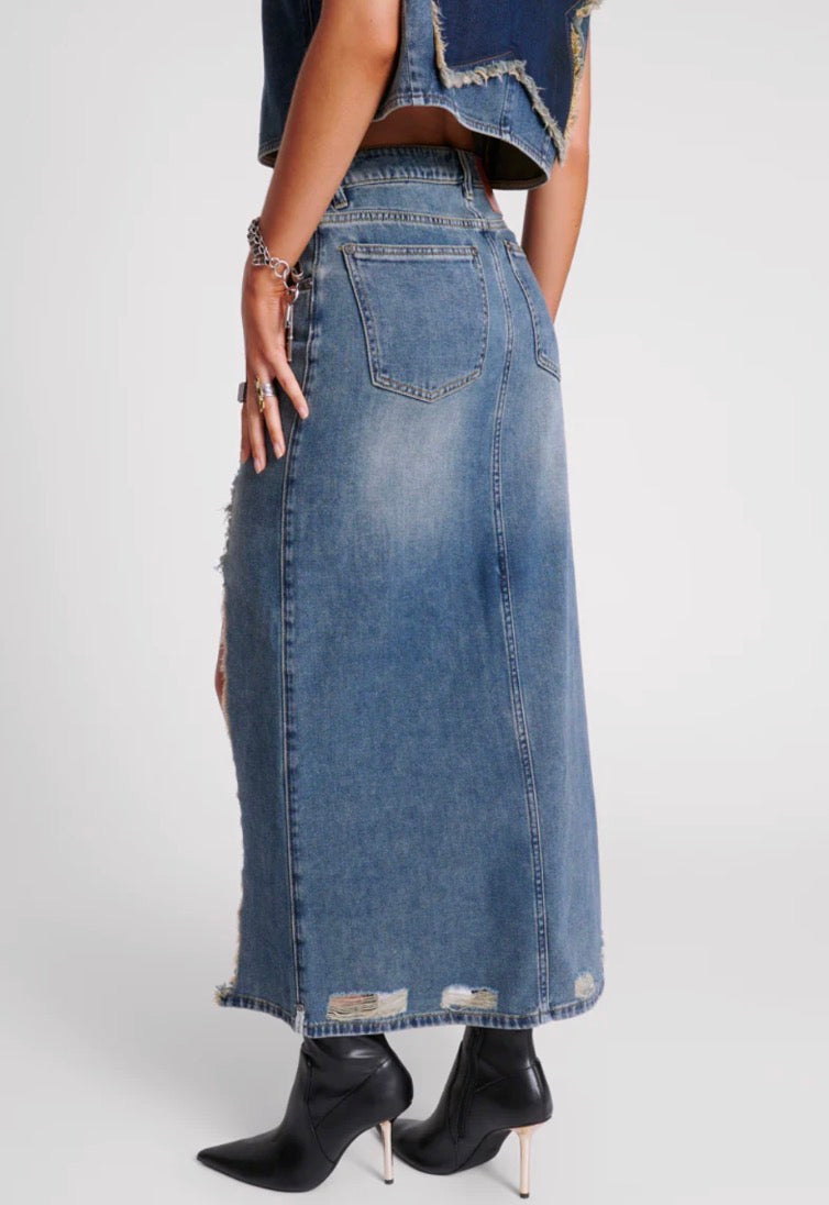 Memphis High Waist Shredded Maxi Skirt- Memphis