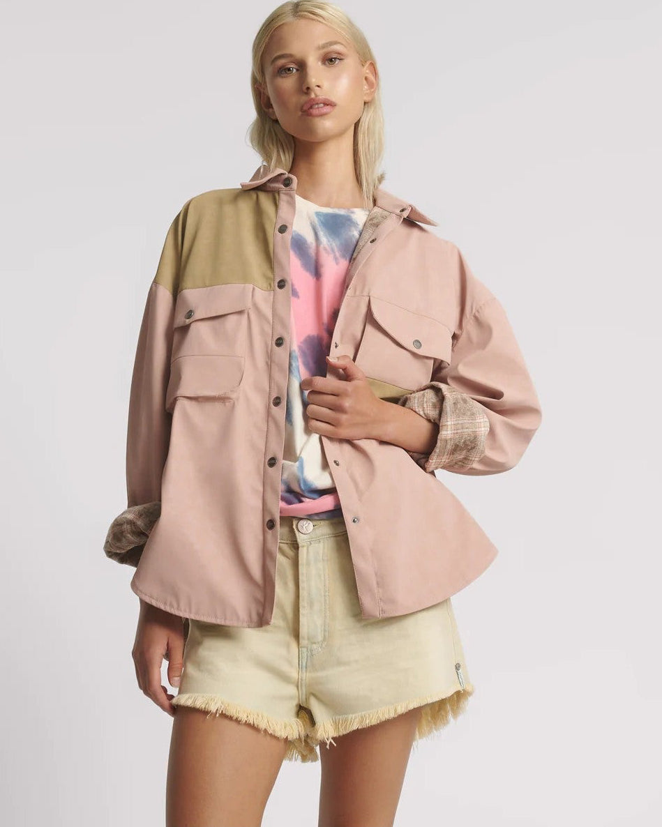 Daria Checked Faux Leather Shacket - Pale Pink