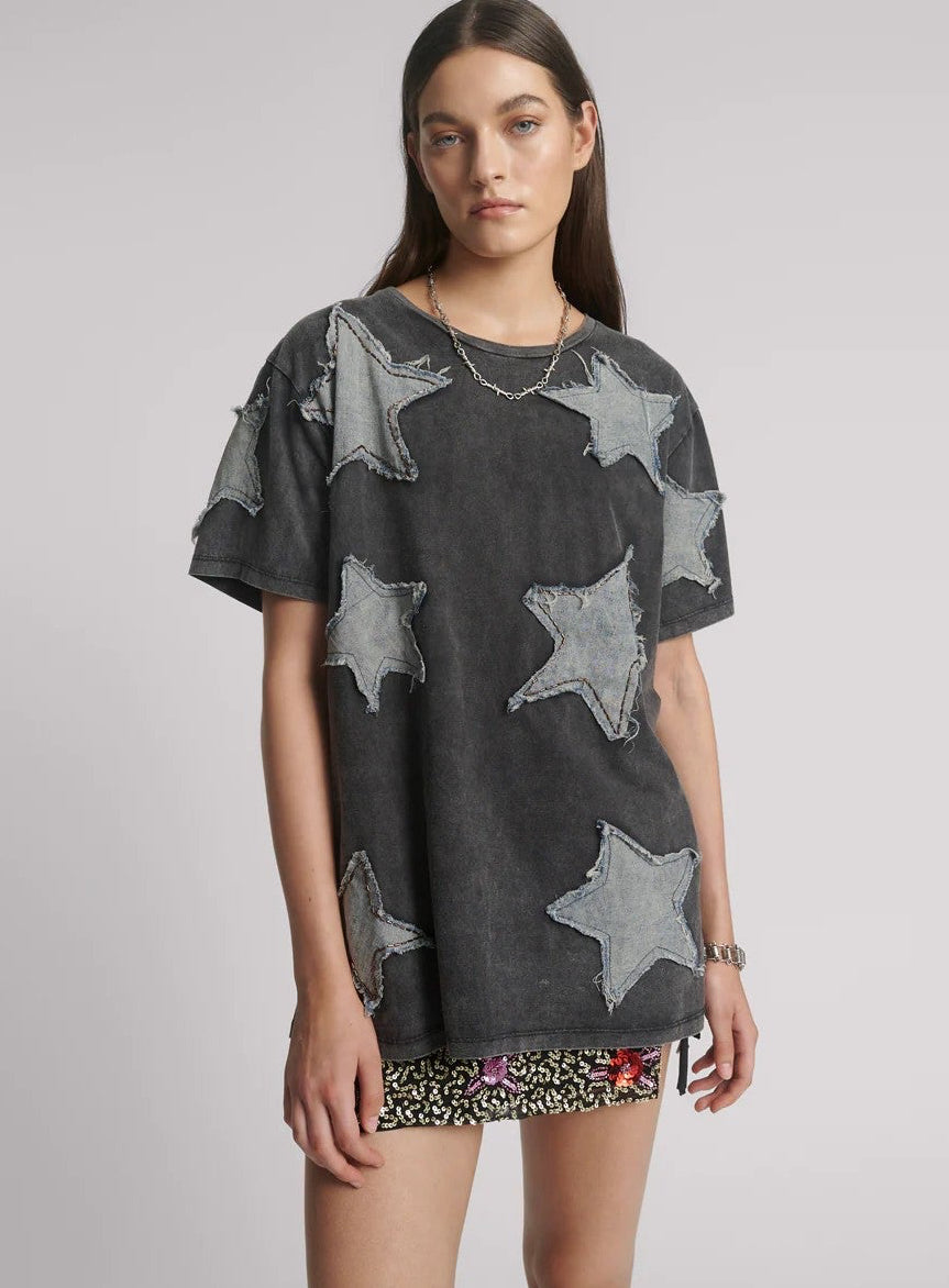 Denim Star Hand Embellished Boyfreind Tee - Charcoal Denim