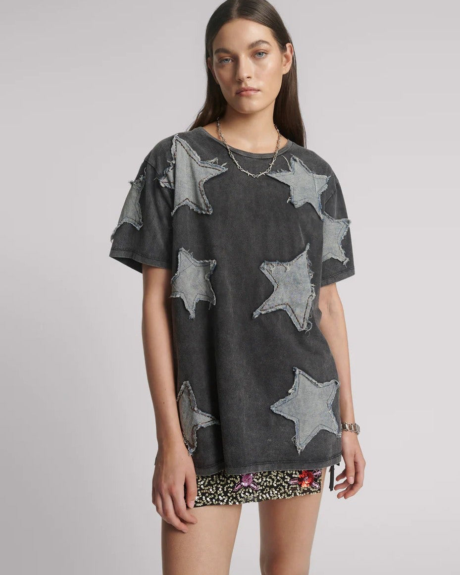 Denim Star Hand Embellished Boyfreind Tee - Charcoal Denim