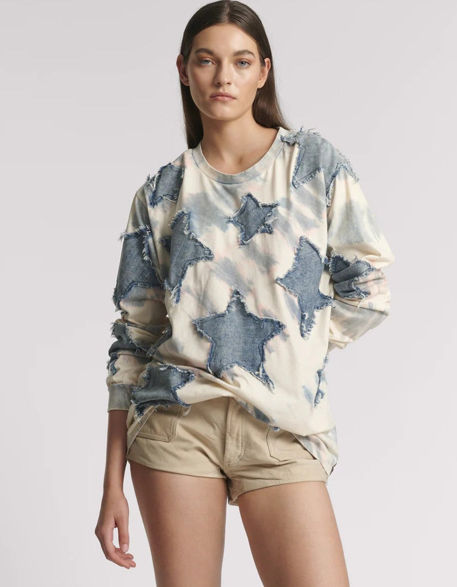 Denim Star Tie Dye Boyfriend Longsleeve Tee-Cream