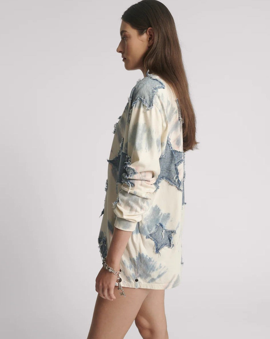 Denim Star Tie Dye Boyfriend Longsleeve Tee-Cream