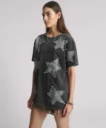 DENIM  STAR HAND EMBELLISHED  BOYFREIND TEE - CHARCOAL DENIM - Image 3